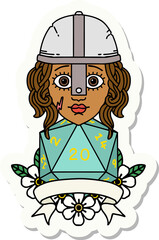 sticker of a human fighter with natural 20 D20 roll