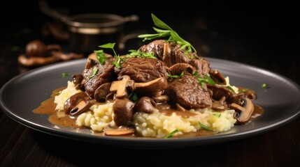The alluring aroma of slowcooked beef and sizzling mushrooms beckons you to savor a plate of creamy risotto, b with rich flavors and textures that perfectly complement each other.