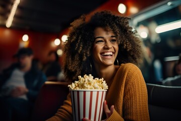 Cheerful african american woman with popcorn is watching movie in the cinema theatre - obrazy, fototapety, plakaty