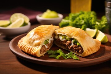 Elevate your palate with the unique fusion of flavors in a beef empanada, harmonizing ground beef saut ed with bold es, tangy lime juice, and refreshing cilantro, all encased in a delicate