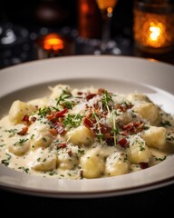 Fototapeta na wymiar A mouthwatering shot of gnocchi, showcasing the tender dumplings dressed in a creamy Gorgonzola sauce, adorned with crispy pancetta and finished with a dusting of finely grated nutmeg.