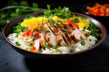 A captivating closeup shot capturing a delightful bowl of coconutinfused jasmine rice, topped with tender chunks of marinated grilled chicken, fresh herbs, and a drizzle of tangy sweet chili