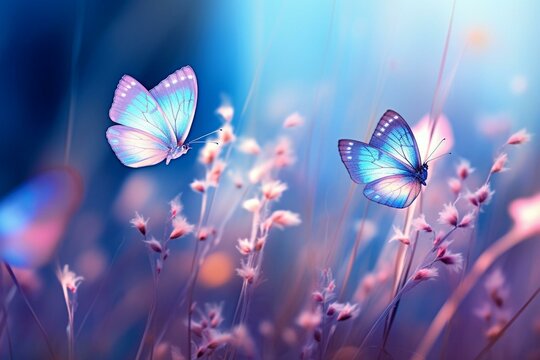 Close-up of wildflowers, butterflies fluttering in a field. Artistic image with blue, purple tones. Generative AI