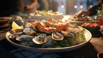 The image showcases a visually stunning seafood platter that stars plump clams, effortlessly stealing the spotlight with their inviting presentation, promising a taste experience like no - obrazy, fototapety, plakaty