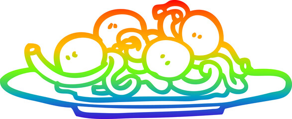 rainbow gradient line drawing of a cartoon spaghetti and meatballs