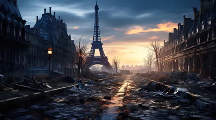 Fotobehang Post apocalypse in destroyed Paris, apocalyptic fiction scene after world war © Natalya