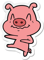 sticker of a nervous cartoon pig dancing
