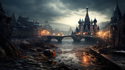 Post apocalypse in destroyed Moscow, apocalyptic fiction scene after world war - obrazy, fototapety, plakaty