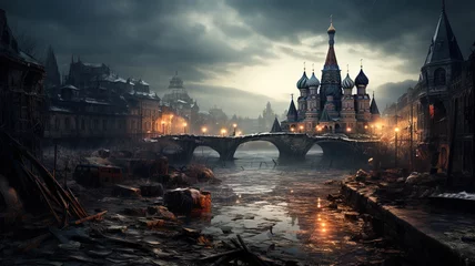Foto op Canvas Post apocalypse in destroyed Moscow, apocalyptic fiction scene after world war © Natalya