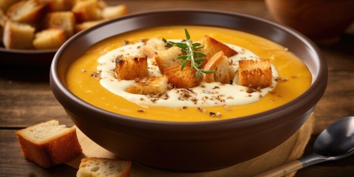 This picturesque image showcases a rustic bowl of creamy pumpkin soup, beautifully garnished with a swirl of Greek yogurt, crispy croutons, and a sprinkle of flaxseeds, elevating this classic