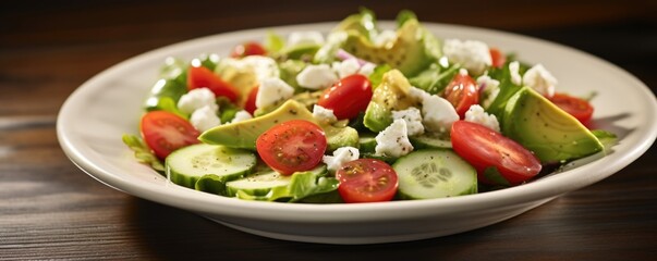 An enticing image of a refreshing summer salad filled with vibrant greens, including a generous amount of avocado slices. The juicy cherry tomatoes, crisp cucumber, and tangy feta cheese - Powered by Adobe