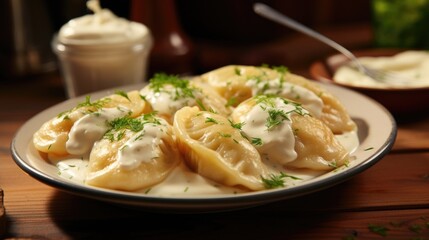 This image captures a plate of delightful potato and cheese pierogies. These Polish dumplings are...