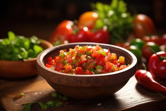 A rustic wooden bowl holds a vibrant tomato and bell pepper salsa, finely chopped to create a colorful medley. Mixing red and green peppers, the salsa offers a balanced flavor profile of