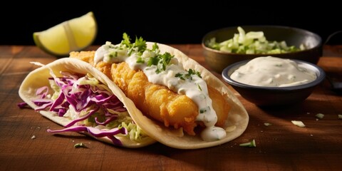 An appetizing food shot captures the essence of a Baja fish taco. The perfectly crispy battered fish fillet, topped with a tangy cabbage slaw, slices of fresh avocado, and a drizzle of creamy - obrazy, fototapety, plakaty