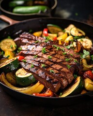 A closeup shot of a sizzling skillet reveals juicy, smoky slices of grilled flank steak arranged alongside a vibrant assortment of grilled zucchini, squash, and red onions, adding depth