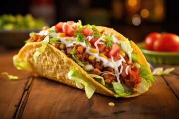 In this shot, a crunchy hard shell taco is expertly filled with a zesty mix of diced chicken marinated in a blend of es, fresh lettuce, juicy diced tomatoes, and creamy, melted Monterey - obrazy, fototapety, plakaty