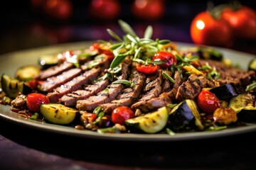 A culinary masterpiece, this lively image captures flamegrilled strips of seasoned lamb, paired with beautifully charred slices of eggplant, zucchini, and juicy cherry tomatoes, offering
