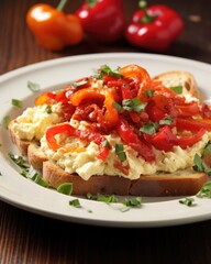 A plate of scrambled eggs is adorned with a colorful array of roasted red peppers, caramelized onions, and creamy goat cheese, creating a combination thats both visually appealing and deliciously