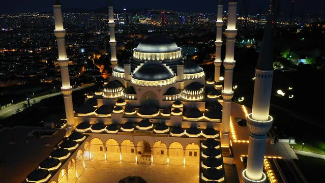 Camlica Mosque at night. The Mosque, occupying an area of 15000 square meters on the Camlica Hill in Istanbul. Close up, Aerial view
