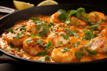 This seafoodinspired twist on Tikka Masala boasts a mix of tender fish fillets and plump scallops submerged in a luxurious sauce enriched with tangy lemon, fragrant cilantro, and a delicate