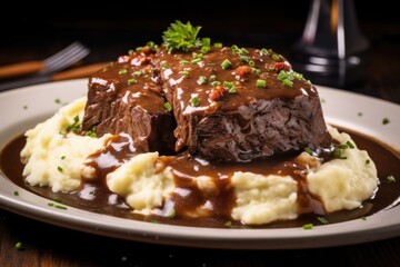 This tantalizing shot captures a plate of sauerbraten, accompanied by a side of velvety mashed potatoes infused with hints of nutmeg. The creamy, ery mashed potatoes provide the perfect