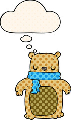 cartoon bear with scarf with thought bubble in comic book style