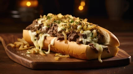  An artfully composed shot showcasing the irresistible allure of a Philly cheesesteak. The golden crust of the roll gives way to a tender and flavorful interior, bursting with succulent steak © Justlight