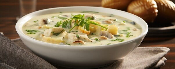 A tantalizing snapshot showcasing a twist on traditional clam chowder, introducing an exotic touch of Thai flavors, as lerass, ginger, and coconut milk meld harmoniously with the tender