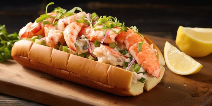 A mouthwatering image showcasing a lobster roll served with a twist, as the lobster meat is elegantly blended with a tangy citrusinfused dressing, highlighted by a touch of fresh dill, enhancing