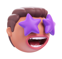 Emoji smiling face with star eyes of funny man. Cartoon smiley on transparent background. 3D render left view