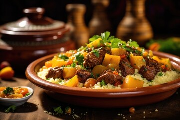 Served on a bed of fluffy couscous, a succulent Moroccan tagine arrives in an earthy clay pot, featuring tender chunks of braised lamb, meltinyourmouth apricots, fragrant herbs, and warming - obrazy, fototapety, plakaty