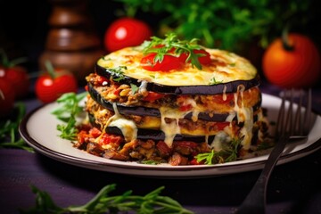 Layers of tender eggplant slices, crispy zucchini, and juicy tomatoes, all melded together with a blend of melted cheese and es, resulting in a decadent vegetarian moussaka that is as visually