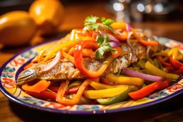 Fotobehang A tantalizing plate of escovitch fish, boasting a whole snapper marinated in zesty lime juice, then fried to a crispy golden brown. Topped with a medley of colorful bell peppers, onions, © Justlight