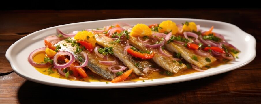 A delightful plate of escabeche, featuring marinated and fried fish, adorned with a tangy and robust blend of onions, bell peppers, vinegar, olive oil, and aromatic es, resulting in a zesty