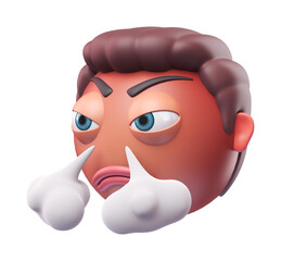 Emoji face with steam from nose of funny man. Cartoon smiley on transparent background. 3D render right view