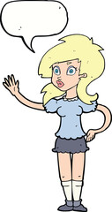 cartoon pretty woman waving for attention with speech bubble