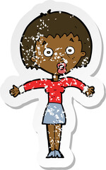 retro distressed sticker of a cartoon woman shrugging shoulders