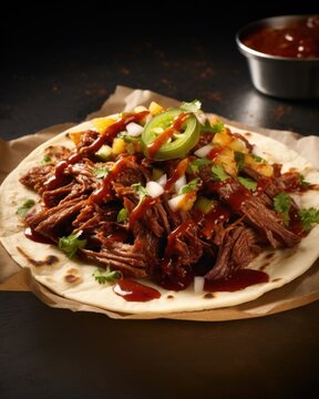 An alluring image of a street taco, featuring a mouthwatering combination of tender shredded beef bathed in a smoky chipotle sauce, accompanied by caramelized onions, diced jalapenos, and