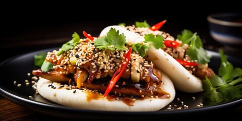An artistic shot displaying a Bao bun embracing a flavorsome mixture of saut ed mixed mushrooms, delicately sprinkled with sesame seeds, creating an earthy, nutty taste. - obrazy, fototapety, plakaty