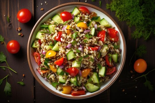 An overhead shot of a colorful salad b with ancient grains. The wild rice, barley, and millet form a base, providing a chewy and wholesome foundation. Tossed throughout are diced cucumbers,