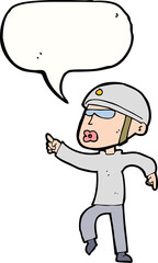 cartoon man in bike helmet pointing with speech bubble