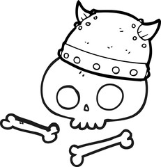 freehand drawn black and white cartoon viking helmet on skull