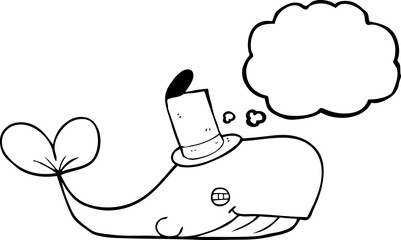 freehand drawn thought bubble cartoon whale wearing hat
