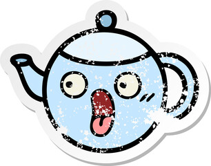 distressed sticker of a cute cartoon teapot