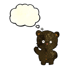 cartoon waving black bear cub with thought bubble