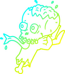 cold gradient line drawing of a cartoon halloween skull in zombie hand