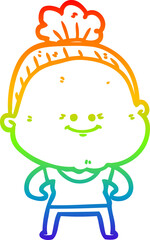 rainbow gradient line drawing of a cartoon happy old woman
