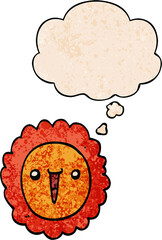 cartoon sunflower with thought bubble in grunge texture style