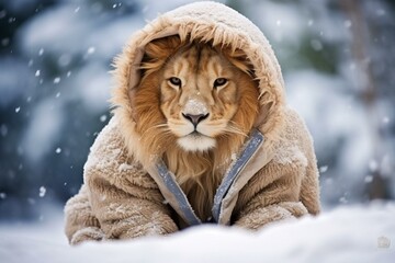 an endearing winter lion in cozy outerwear. Generative AI