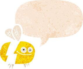 cartoon bee with speech bubble in grunge distressed retro textured style